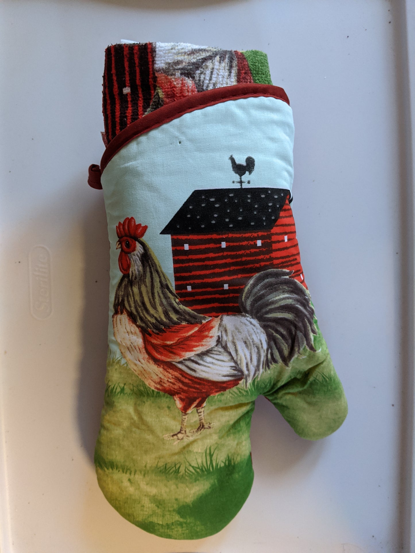 Rooster and Barn  Oven Mit with Hand Towel Spoon and  Fudge Brownie Mix Gift Set
