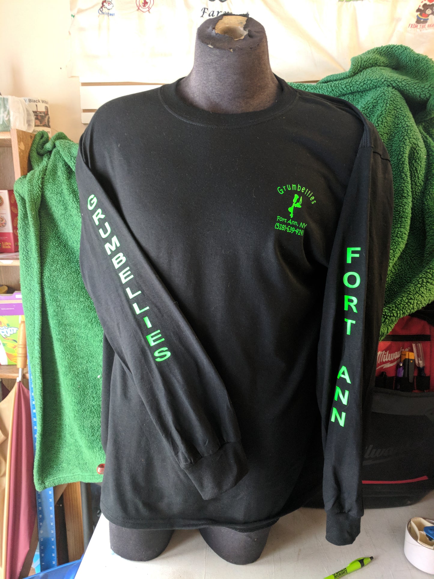 Grumbellies Black Long Sleeve with Neon Green Lettering